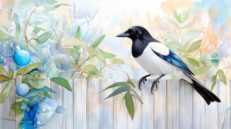 Watercolor illustration of magpie perched on wooden fence with lush foliage. Concept of wildlife art, nature painting, exotic birds, botanical beauty.の写真素材