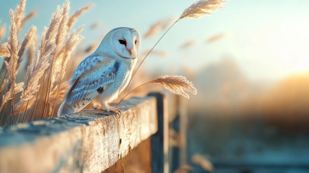 Mystical barn owl bird perched on rustic wooden fence with golden grass during sunset. Concept of wildlife beauty, serene nature, majestic birds, tranquil moments in countryside. Copy space.の写真素材