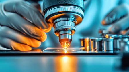 Close-up of a scientist examining a sample with a high-precision microscope in a cutting-edge...