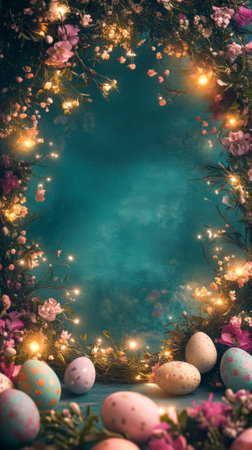 Enchanting Easter scene with glowing fairy lights, floral wreath, and pastel eggs on deep teal...