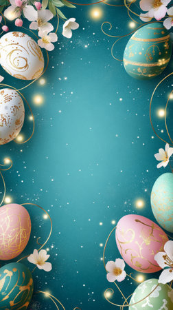 teal Easter background with glowing fairy lights, decorated eggs, and spring blossoms. Concept of...
