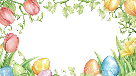 Delicate watercolor Easter border with colorful eggs and spring flowers. Concept of festive celebration, spring renewal, holiday decoration, nature's beauty greeting card, copy space.の写真素材