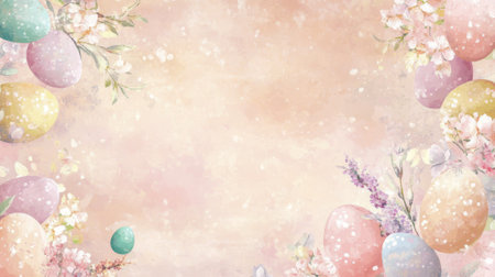 Dreamy pastel watercolor Easter border with decorated eggs and spring flowers. Concept of festive...