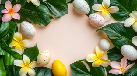 Vibrant Easter border with colorful speckled eggs and lush green leaves. Concept of spring...