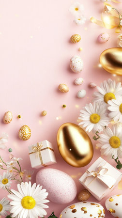 Easter flat lay with gold and speckled eggs, daisies, and gift boxes on pink background. Concept of spring celebration, holiday decor, festive design, floral greeting card, copy space. Vertical shot.の写真素材