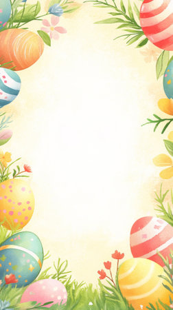 Vibrant Easter watercolor frame with colorful eggs and flowers. Concept of spring celebration, festive decoration, holiday crafts, Easter greeting cards greeting card, copy space. Vertical shot.の写真素材