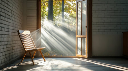 Sunlight Streaming Through Open Door Illuminating Wooden Chair in Serene Room. Concept of Tranquility, Nature's Beauty, Peaceful Retreat, Solitude.の写真素材