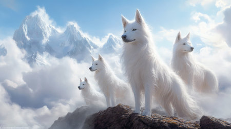 Majestic white wolves standing on rocky mountain peaks surrounded by clouds and snow. Concept of wilderness, animal kingdom, alpine beauty, natural habitat.の写真素材