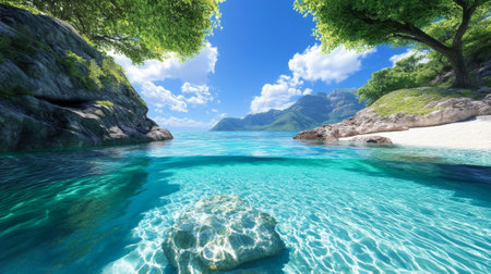 Tranquil tropical paradise with clear turquoise water and lush green trees. Concept of serene...