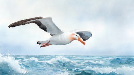Watercolor illustration of albatross soaring above ocean waves. Concept of marine life, freedom, wildlife art, nature painting, cute bird.の写真素材