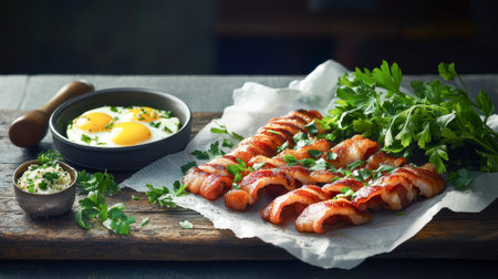 Crispy bacon strips with herbs alongside sunny-side-up eggs. Concept of delicious breakfast,...