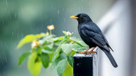 Glossy blackbird perched on garden fence in rain. Concept of nature, birdwatching, rainy weather, garden wildlife, cute bird.の写真素材