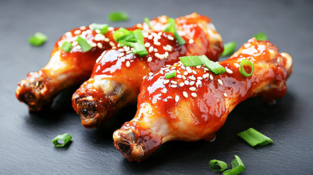 Juicy chicken drumsticks in barbecue sauce with sesame seeds and green onions. Concept of delicious cuisine, savory meals, food garnish, tasty chicken dishes.の写真素材