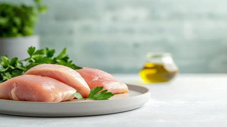 Fresh chicken fillet with herbs on plate in gourmet kitchen. Concept of healthy eating, organic food, culinary preparation, balanced diet. Copy space.の写真素材