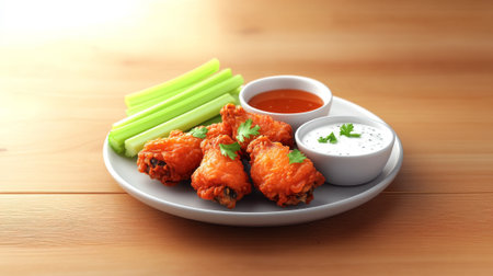 Delicious chicken wings platter with celery sticks and dipping sauces. Concept of spicy appetizers, comfort food, finger snacks, culinary indulgence.の写真素材