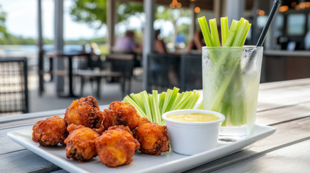 Delicious Buffalo Chicken Wings with Celery Sticks and Dipping Sauce on Outdoor Patio. Concept of...