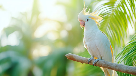 White cockatoo parrot with bright yellow crest perched on branch in tropical jungle. Concept of...