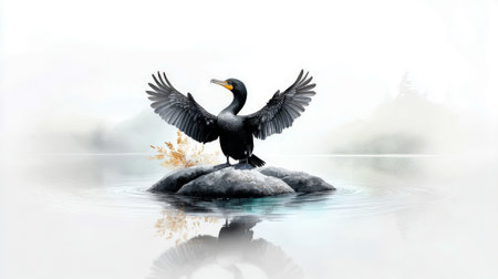 Watercolor illustration of black cormorant bird with wings spread on rock in misty lake. Concept of wildlife art, birdwatching, tranquil nature scenes, artistic animal depiction.の写真素材