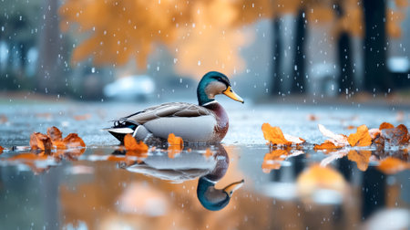 Mallard duck bird resting by pond edge with autumn leaves and raindrops. Concept of tranquility,...