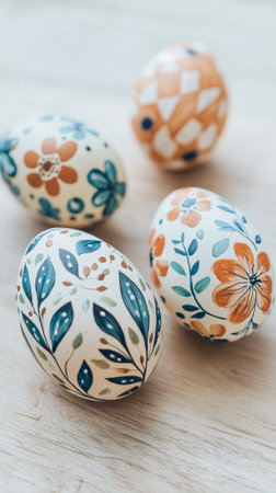 Beautifully painted easter eggs with intricate floral patterns on soft wooden surface. concept of...