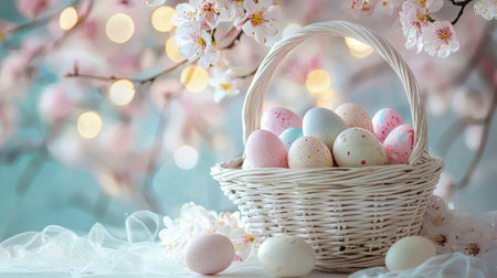 Charming wicker basket overflowing with colorful easter eggs among cherry blossoms. concept of...