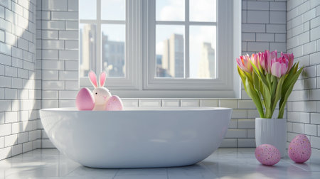 Bright and minimalist bathroom with easter decor, playful bunny, colorful eggs, fresh tulips create seasonal charm.の写真素材