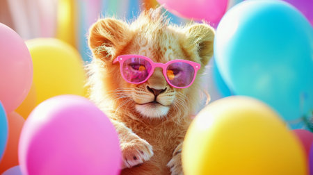 Charming lion cub in pink sunglasses among vibrant balloons. concept of playful wildlife, colorful celebration, fun animals, joyful atmosphere, funny pet, Summer.の写真素材