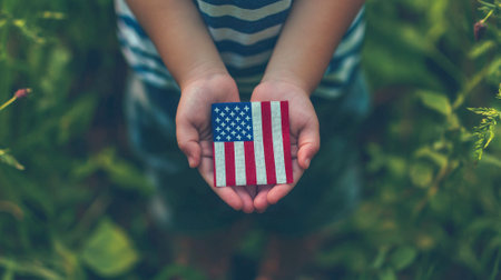 American child holding small United States flag in hands on Memorial Day. Concept of patriotism, national pride, honoring veterans, USA celebration.の写真素材