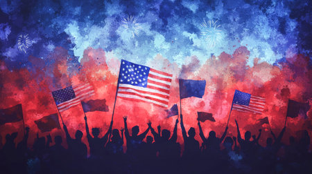 Watercolor painting of a patriotic crowd waving American flags under a vibrant red, white, and blue...