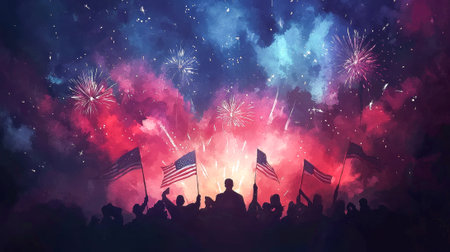 Silhouetted People Holding American Flags Watching Fireworks in Night Sky. Concept of Patriotism,...
