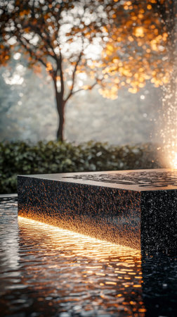 Illuminated stone memorial with reflective water and autumn trees in the background. Concept of...
