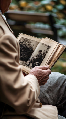 Elderly White Man Reflecting on Military Memories in Park with Vintage Photo Album. Concept of...