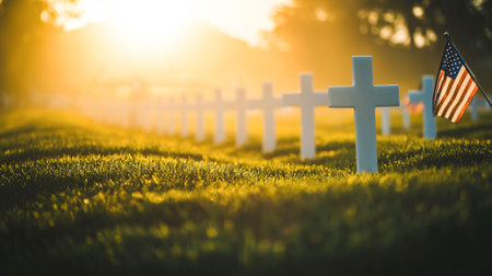 American Memorial Day Rows of White Crosses at Sunset with USA Flag. Concept of Remembrance,...