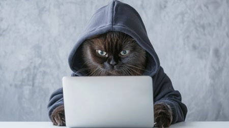 Serious cat in hoodie intently working on laptop. concept of feline focus, humorous computer use,...