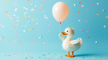 Cheerful duck holding balloon amidst colorful confetti. concepts of celebration, joyful festivities, playful whimsy, party atmosphere, funny animal, cute pet, adorable bird. Copy space.の写真素材