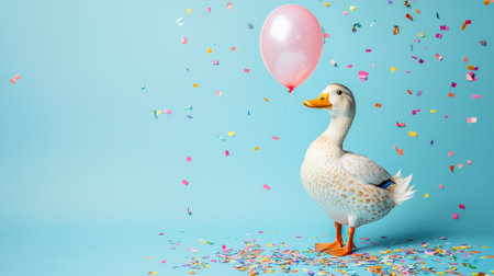 Smiling duck celebrating with pink balloon and confetti on blue background. concept of festivity, joyful moment, colorful celebration, cheerful atmosphere, funny animal, cute pet, adorable bird. Copy space.の写真素材