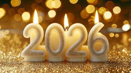 Elegant white Christmas 2026 candles illuminating festive background, concept of new year...