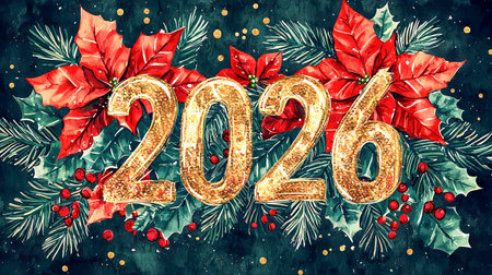 Vibrant watercolor illustration of christmas 2026 with festive poinsettias, holly, and gold accents...