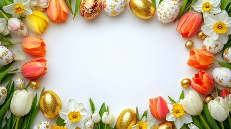 Vibrant easter border of tulips, daffodils, and golden eggs for spring celebration. concept of...