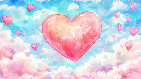 Watercolor Art of Pink Glowing Heart Surrounded by Soft Clouds and Smaller Hearts, Concept of Love, Romance, and Dreamy Atmosphere.の写真素材