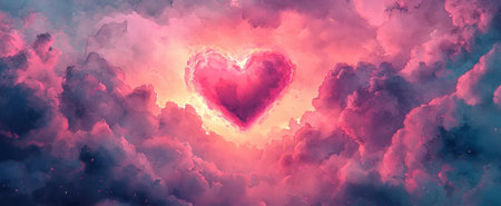 Watercolor Art of a Pink Glowing Heart Surrounded by Vibrant Clouds. Concept of Love, Serenity, Emotional Connection.の写真素材