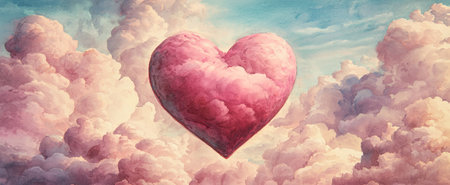 Pink Glowing Heart in a Cloudy Sky, Watercolor Art. Concept of Love, Serenity, and Dreamy Atmospheres.の写真素材