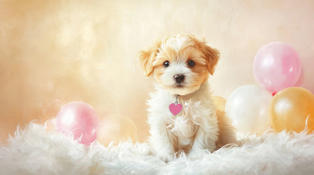 Cute Puppy with Heart-Shaped Tag Sitting Among Colorful Balloons. Concept of Playfulness, Pet Companionship, and Celebrating Special Moments. Copy space.の写真素材