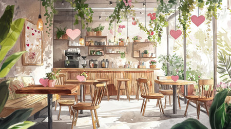 Watercolor Art of a Sustainable Modern Cafe with Hanging Plants and Cozy Seating. Concept of Eco-Friendly Design, Relaxing Atmosphere.の写真素材