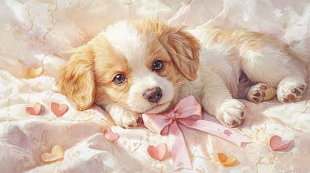 Watercolor Art of Puppy with a Pink Bow Surrounded by Heart-Shaped Petals. Concept of Cuteness, Love, and Pet Companionship.の写真素材