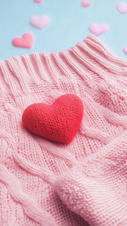 Cozy Pink Sweater with Knitted Red Heart on a Pastel Background. Concept of Warmth, Love, and Comfort. Vertical.の写真素材