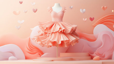 Elegant Pink Ruffle Dress on Display with Heart Accents. Concept of Fashion Design, Romantic Style in Art.の写真素材