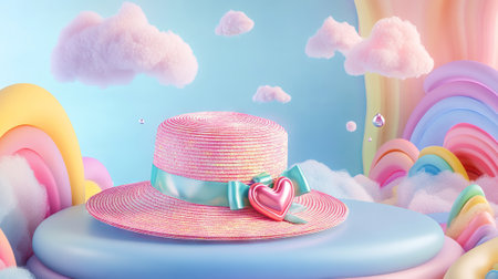 Pink Straw Hat with Ribbon in Dreamy Pastel Clouds Setting. Concept of Whimsy, Surreal Art.の写真素材