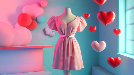 Pink Sundress with Ribbon Belt on Mannequin Surrounded by Heart-Shaped Balloons. Concept of Love, Fashion Trends.の写真素材