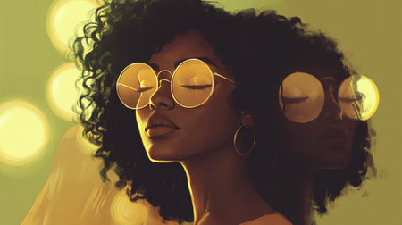 Dreamy African American Woman with Curly Hair and Sunglasses Reflecting Light, Concept of Self-Reflection, Modern Fashion, Elegance.の写真素材